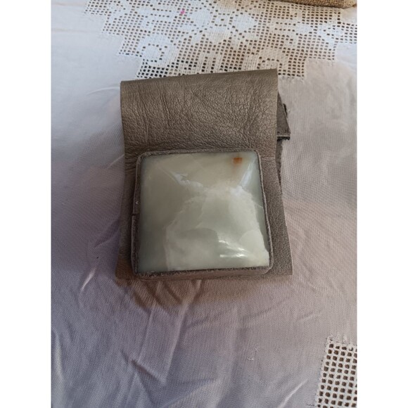 Artisan large leather and stone wide cuff wrap bracelet light green white Agate? - Picture 3 of 3